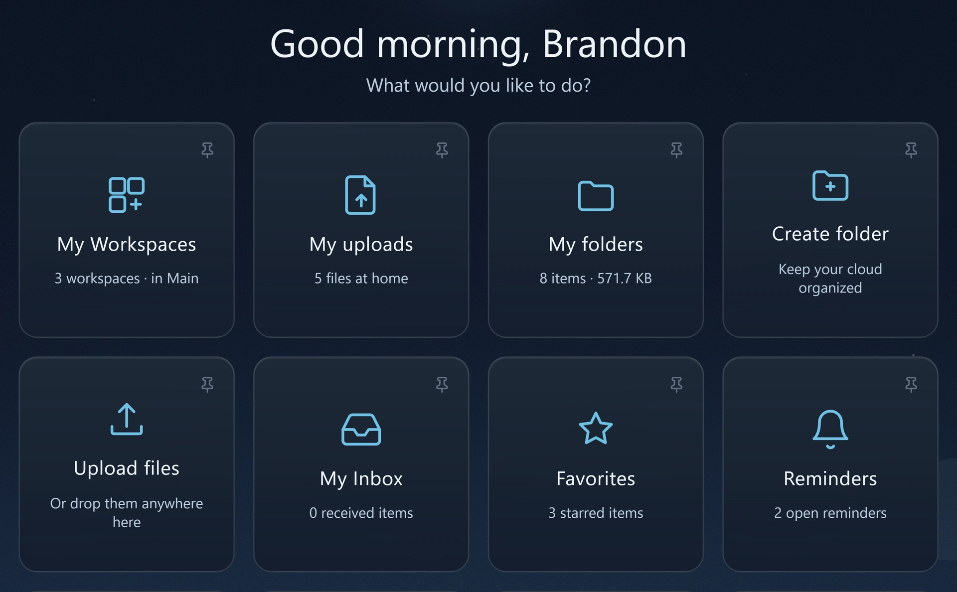 A closer look at the real BCCloud home cards for workspaces, uploads and everyday file tools